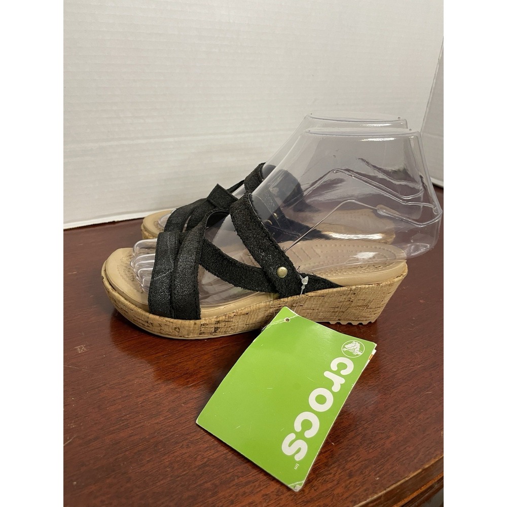 CROCS BOULDER COLORADO BLACK Shimmer STRAPS CORK 1 3/4" WEDGE W SIZE 4